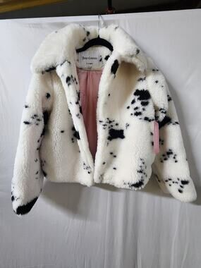 Juicy Couture Faux Fur Teddy Jacket Dalmatian Print White Black Coat Size Small